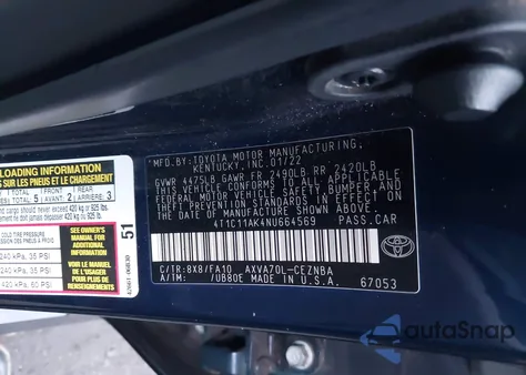 2022 Toyota Camry Le из США, поврежденный, VIN 4T1C11AK4NU664569